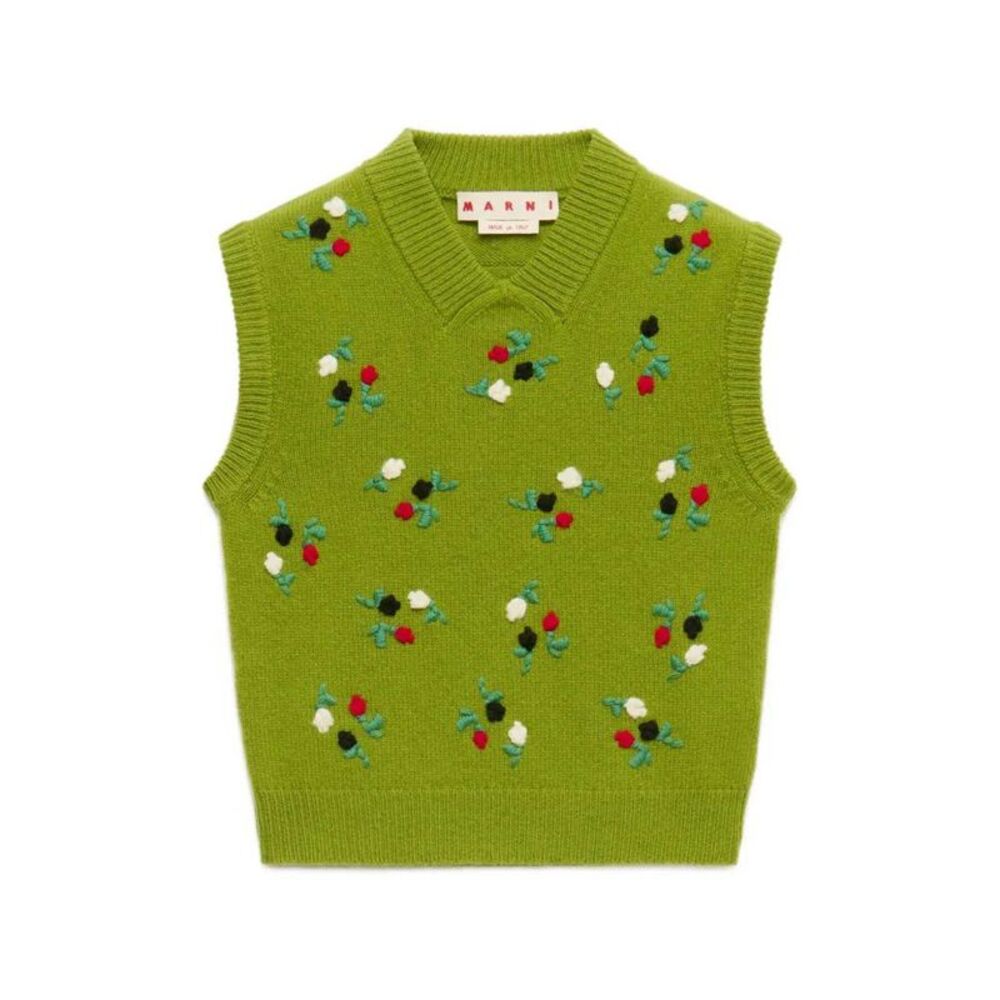 Marni Women Green Wool And Cashmere Vest With Floral Embroidery.